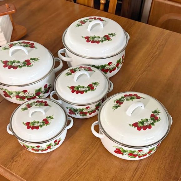 Vintage GMI Enameled Strawberry Cookware Pot Set of 5pc with Lids EUC USA Made